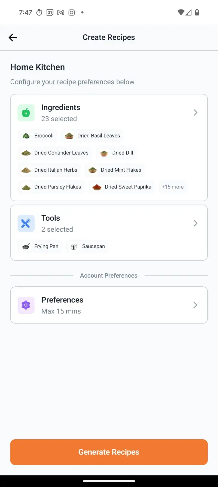 MinuMeal App Create Recipes