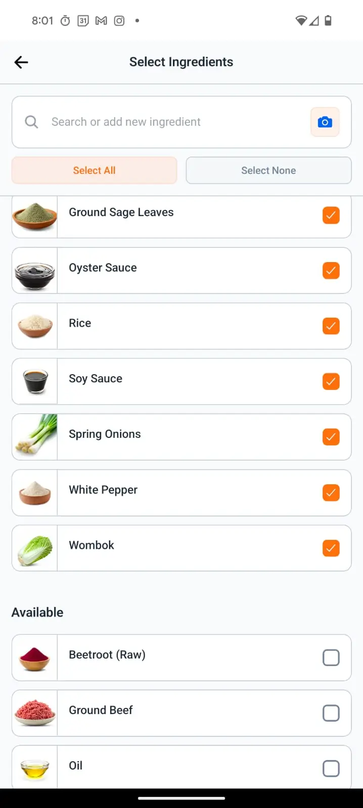 MinuMeal App Select Ingredients
