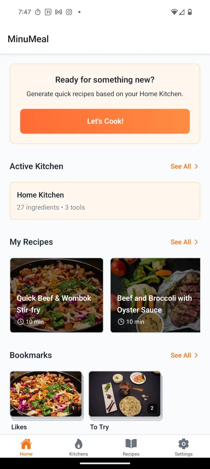 MinuMeal App Main Dashboard